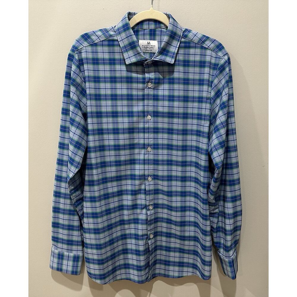 Mizzen+Main Trim Fit Dress Shirt‎ Mens Large L Blue Green Checkered
